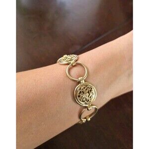 ​Signed MONET Gold Tone Filigree Medallion Toggle Bracelet Boho Quiet Luxury